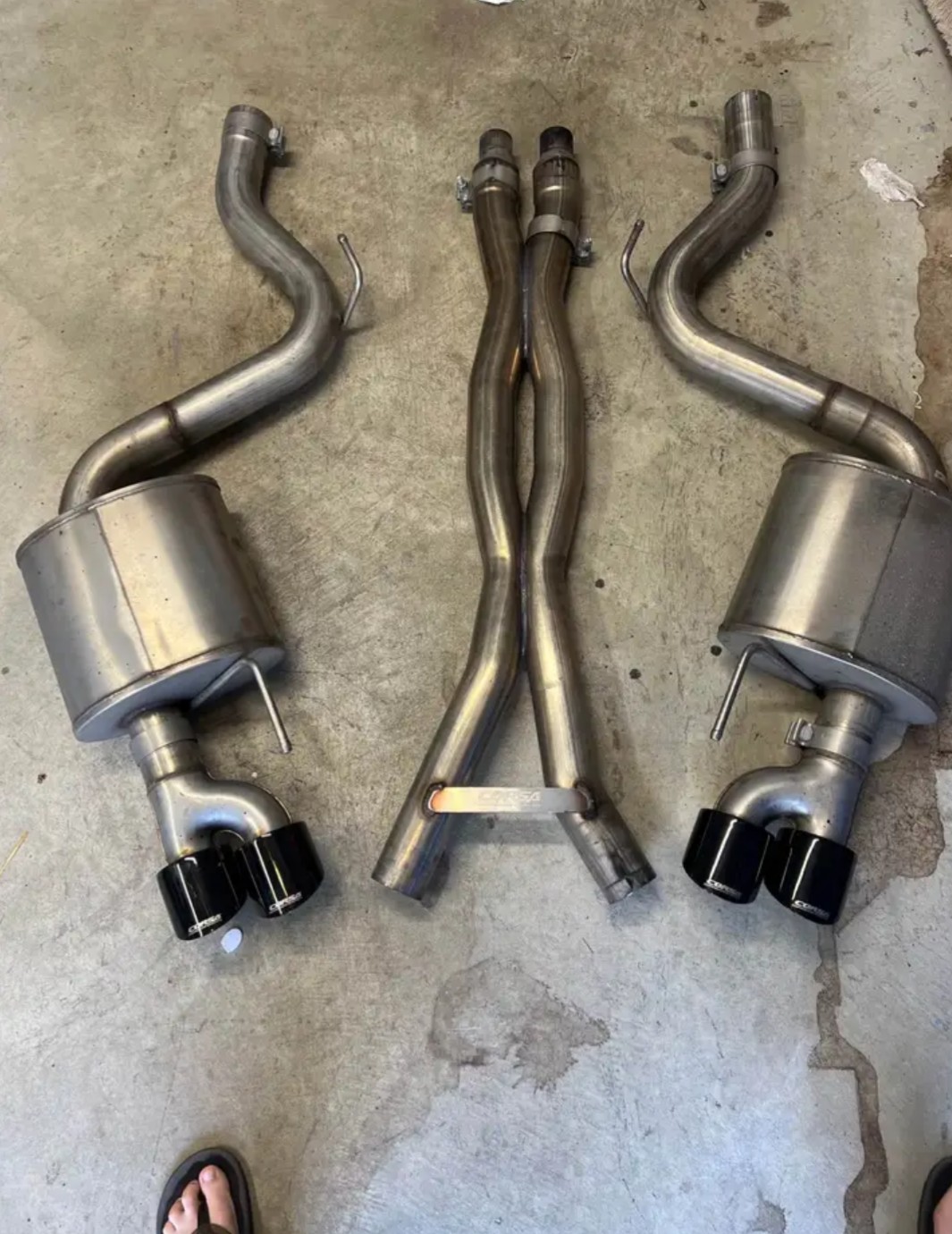 S550 Mustang Corsa sports exhaust system with black quads tips and Double X-pipe